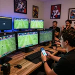 Tỷ lệ kèo nhà cái showcased as a bettor actively engages with a smartphone app amidst the thrill of live sports.