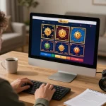 Alev Casino player engaging in online gaming on a sleek setup while analyzing strategic notes.