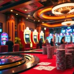 Experience the thrilling ambiance of MK8's luxurious casino with poker tables and vibrant slot machines.
