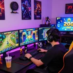 Exciting SLOT GACOR gaming scene with player at desk, multiple monitors, and vibrant atmosphere.