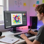 A creative designer developing unique ai nsfw artwork in a modern home studio filled with inspiration and high-tech tools.