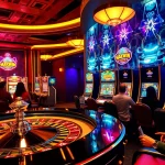 Pemain berinteraksi dengan permainan slot gacor maxwin di lingkungan kasino yang penuh warna.