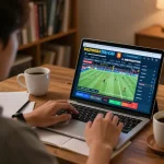 Person analyzing keo nha cai 5 during online sports betting at home, focusing on strategic decisions.