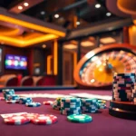 B52 CLUB gaming scene with vibrant poker chips and roulette wheel in a luxurious casino.