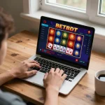 Engaged player enjoying online casino games at https://betbdt.art on their laptop in a cozy setting, emphasizing responsible gaming.