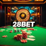 Experience the thrill of betting at 28BET casino tables with vibrant poker chips and slot machines.