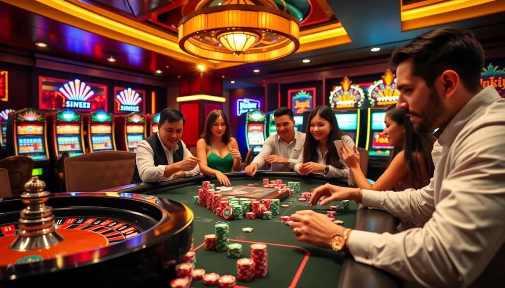 Players enjoying thrilling games at King88 casino, featuring poker chips and a roulette wheel.