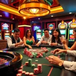Players enjoying thrilling games at King88 casino, featuring poker chips and a roulette wheel.