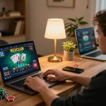 B52CLUB player engaging in blackjack gameplay on a laptop in a cozy home setting