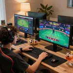 Player enjoying engaging online games at home through gg88.com, showcasing a live blackjack interface and sports betting app