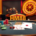Action-packed gambling scene with HM88 logo, poker table, and roulette wheel showcasing excitement.