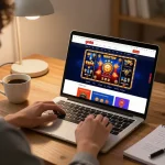Player using go88 for online gambling on laptop in a cozy home office setting.