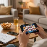 Engaged player spinning reels on Jun88 mobile app during an inviting home gaming session.