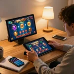 Engaging gaming experience on open88 as a player uses a tablet for betting in a cozy home workspace.