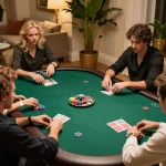 Players engaged in intense poker gameplay at a home game night, showcasing the auction environment and promoting 100VIP's gaming experience.