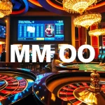 Exciting casino gaming scene featuring MM OO-themed roulette and poker tables with vibrant colors.