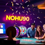 NOHU90 showcases a dynamic online gaming interface with players celebrating a jackpot win.