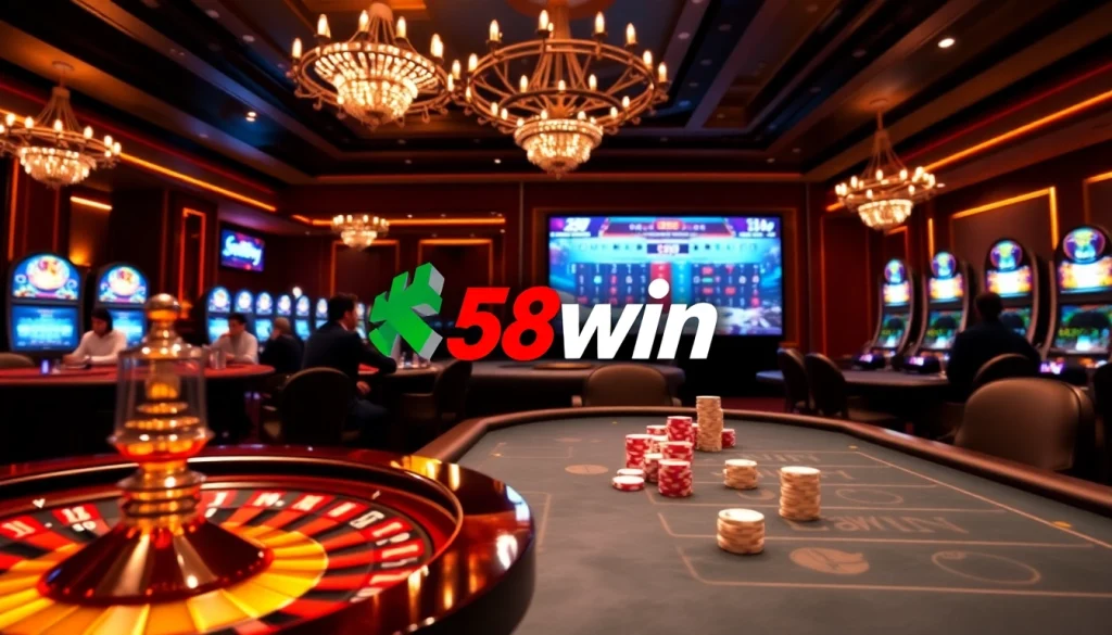 Experience the thrill of 58win through engaging online gambling visuals, showcasing vibrant casino elements.