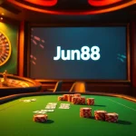 Engage with Jun88's thrilling online casino experience featuring poker chips and a roulette wheel.