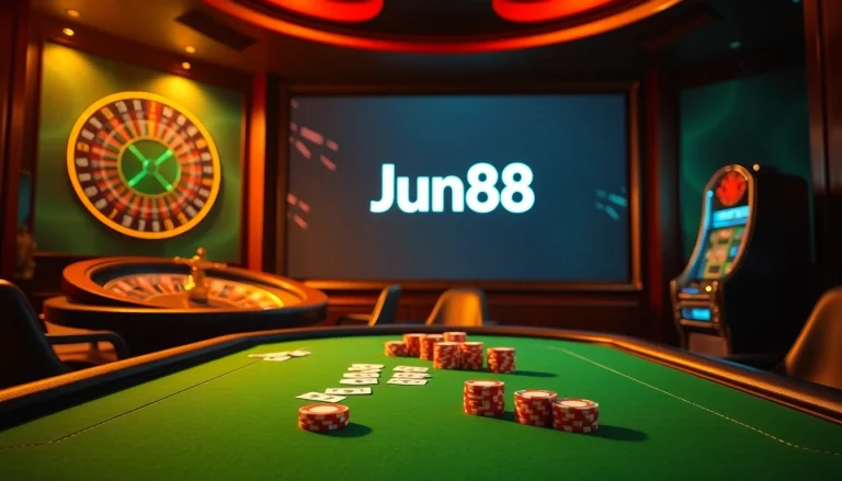 Engage with Jun88's thrilling online casino experience featuring poker chips and a roulette wheel.