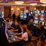 Players enjoying vibrant slot machines at LV88 casino, capturing the excitement and ambiance of gaming