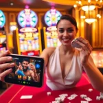 Nổ Hũ Đổi Thưởng celebration scene with a player winning at slot machines and casino table games.