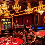 NỔ HŨ 8KBET slot machine in a vibrant casino environment, surrounded by players and colorful gaming elements.