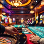 A casino game scene with players enjoying poker and roulette tables at https://goal123q.com/, emphasizing excitement and luxury.