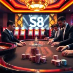 S8 casino scene featuring an elegant poker game with colorful slot machines in the background.