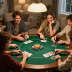Group of friends enjoying a poker night where they are playing together while using the link domino88 for easy access