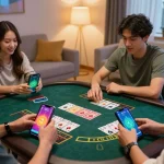 kkwin win mobile gaming experience with engaged players placing bets on baccarat app in cozy setting