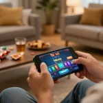 Engaging player enjoying tài xỉu online on smartphone in cozy home environment with warm lighting.