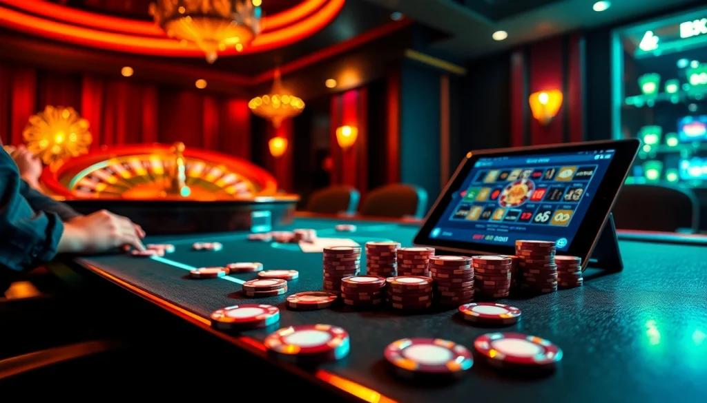 Engaging high-stakes gambling scene at nhà cái sky88 with poker players and roulette wheel.