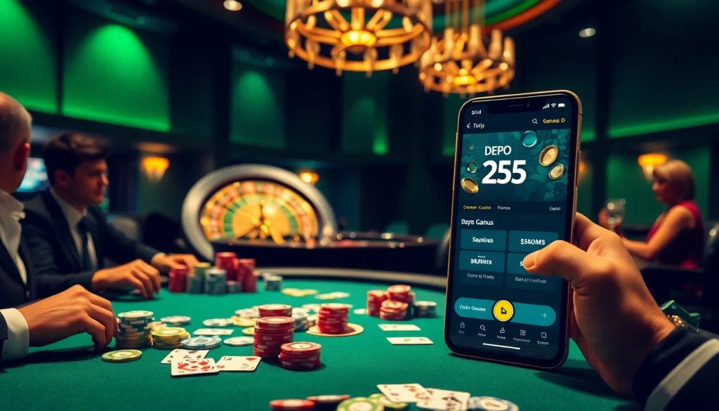 Experience the excitement of depo 25 bonus 25 at a luxurious casino, featuring colorful chips and a roulette wheel.
