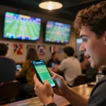Engaged bettor checking kèo nhà cái odds on smartphone amidst vibrant sports bar atmosphere.
