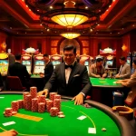 Experience high-stakes poker at kinggaruda138 with vibrant tables and glowing slot machines.