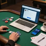 Player enjoying online gaming at home with TR88 app and poker chips scattered on the table.