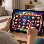 Player celebrates a win on TO288 slot machine while gaming on a tablet in a cozy home setting.