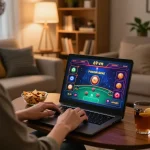 Enjoying a thrilling poker game on 69vn online casino from a cozy home setup.