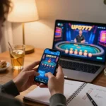 Engaged player using UFO777 app for live dealer gaming in a cozy home setting.
