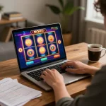 Engaging with nohu slot games online in a cozy home setup, showcasing thoughtful strategy.
