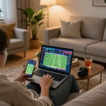 Person engaging in online sports betting on laptop and smartphone at home with MMOO casino.