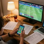 UK88 users actively engaging in sports betting from home with smartphone and laptop