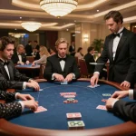 FABET VIP gaming area featuring serious poker players and champagne service in a luxurious setting
