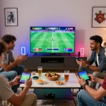 SBOBET88 gaming scene with friends excitedly betting on live sports.