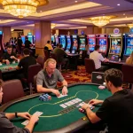 hb88 gaming excitement with players at poker tables, vibrant casino atmosphere