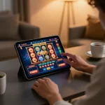 Player enjoying Wstar77 slots on a tablet in a cozy home setting, engaging in dynamic online gaming.