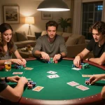 Players enjoy a lively poker night at home with MB66-themed chips and cards.