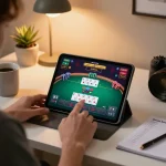 Player engaging in mobile gambling on rikvip with a tablet at a stylish desk.
