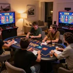 Engaged players enjoying a slot 5k game on multiple screens in a cozy home setting during online gaming night.